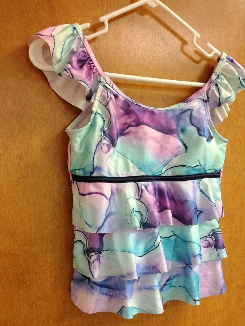 Justice Lilac Pink and Teal Swim Top with Watercolor Trim